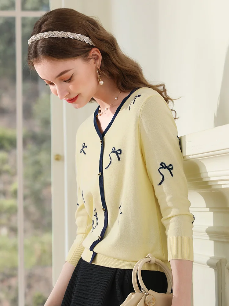 I BELIEVE YOU Sweater Cardigan for Women 2023 Autumn New Yellow Small Fragrant V-neck Gentle Chic Bow Temperament Top 2231144861