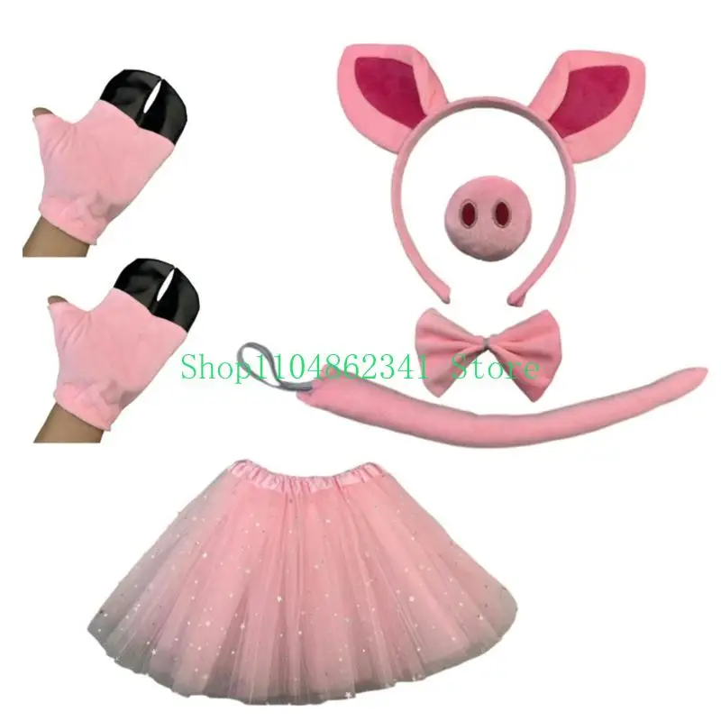 

5asd 6/7Pcs Kid Animal Fancy Costume Set Pink Pig Ears Headband Nose Tail Bows Tutus Skirt for Halloween Cosplay Dressing Up