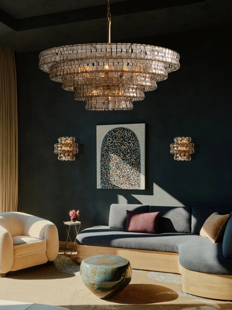 

Murano Glass Series 2-5 Tier Grey Clear Glass Dimmable LED 2025 Chandelier Lighting Lustre Hanging Lamp For Living Room