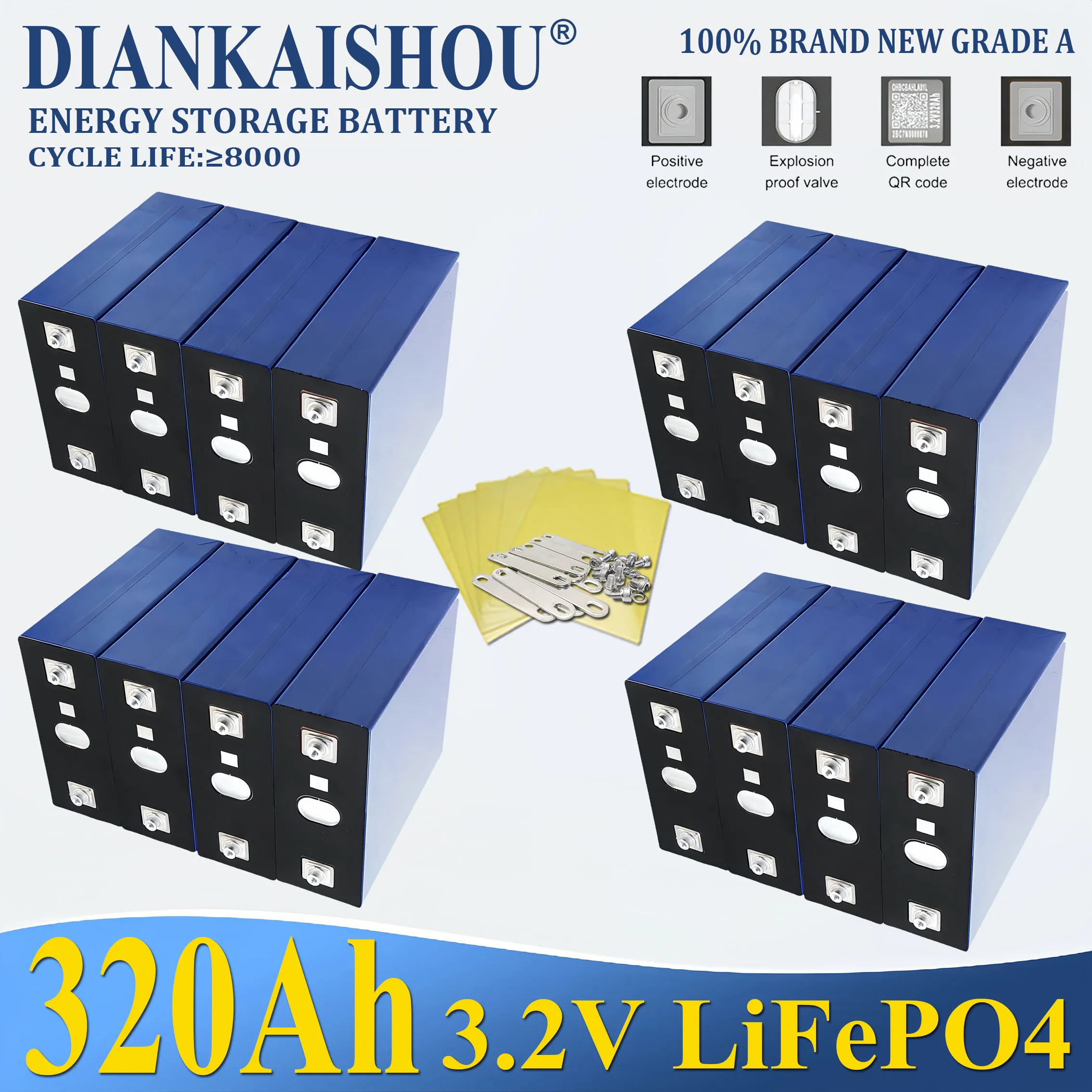 

16PCS 3.2V 320Ah 105Ah 150Ah 250Ah 280Ah 304Ah Lifepo4 rechargeable battery DIY 24V 48V RV solar storage golf cart battery pack