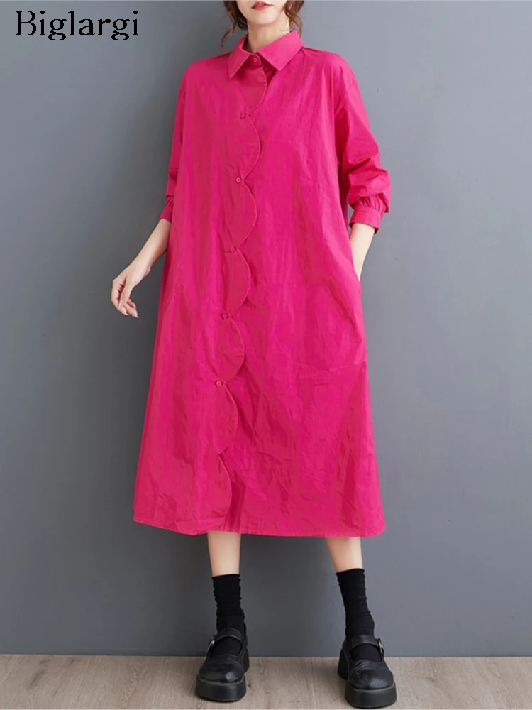 

Oversized Autumn New Midi Shirts Dress Women Loose Ruffle Pleated Fashion A-Line Ladies Dresses Long Sleeve Casual Woman Dress