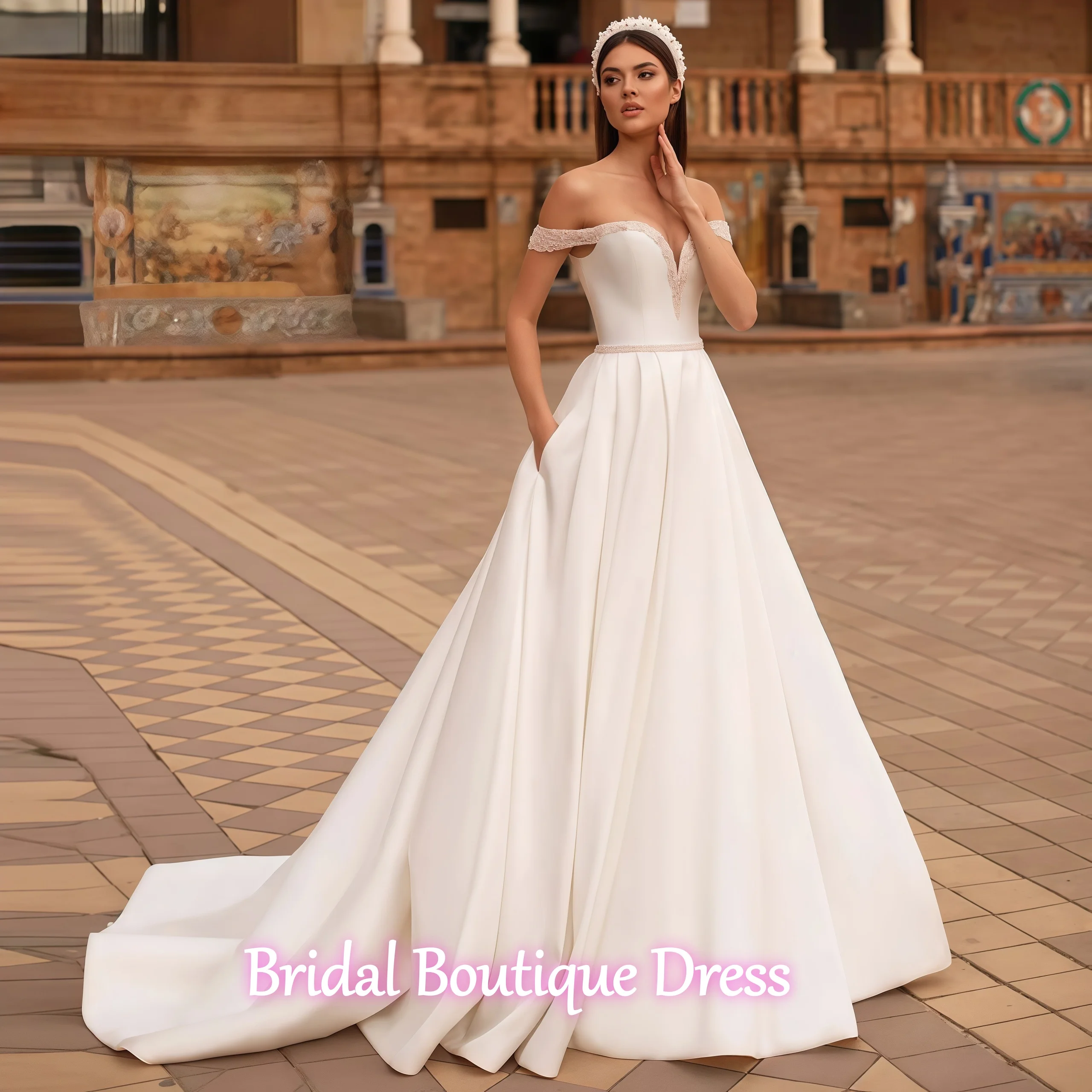 فساتين زفاف رائعة مخصصة على شكل حرف a على شكل قلب قبالة الكتف مثير مطرز بالخرز برباط ذيل شابيل زي العرائس Vestido De #1