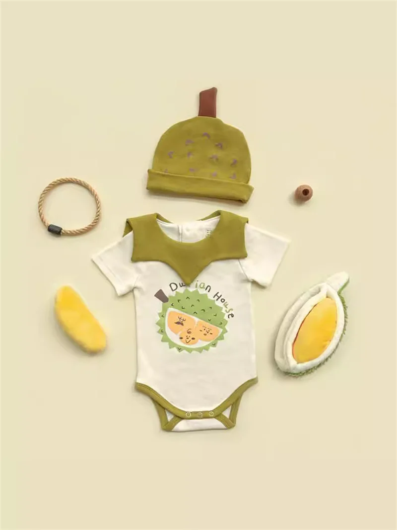 Funny Durian Newborn Baby Clothes Romper Boy Girl Pattern Onesie Infant Cotton Short Costume Onesie Jumpsuits Outfit  With Hat