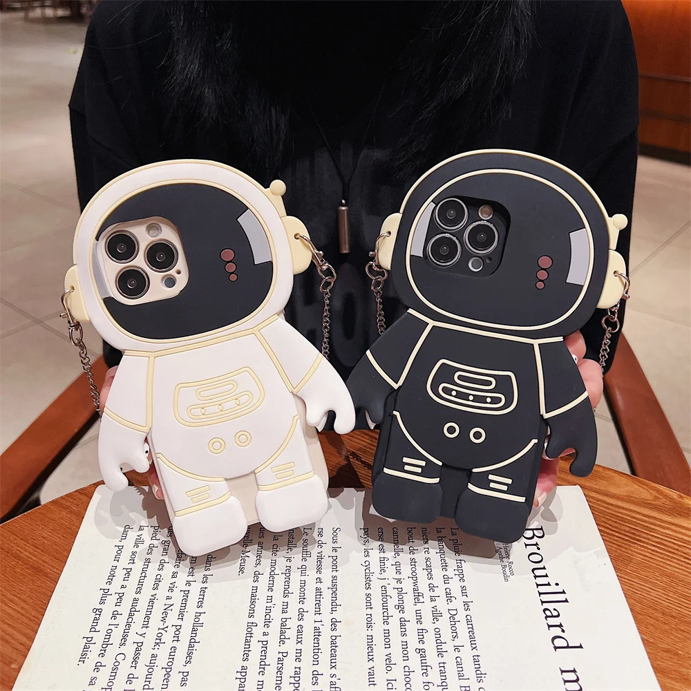 Neutral Cosmic Spaceman Phone Case for S26 Ultra Crossbody Strap Cool Cartoon Silicone Cover for SamSung Galaxy S25 S24 S23 A57