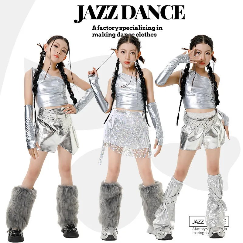 

2026 юбки с наклонными плечами, серебряная одежда для девочек, сценические костюмы для джазовых танцев, детская танцевальная одежда в стиле хип-хоп XH3994