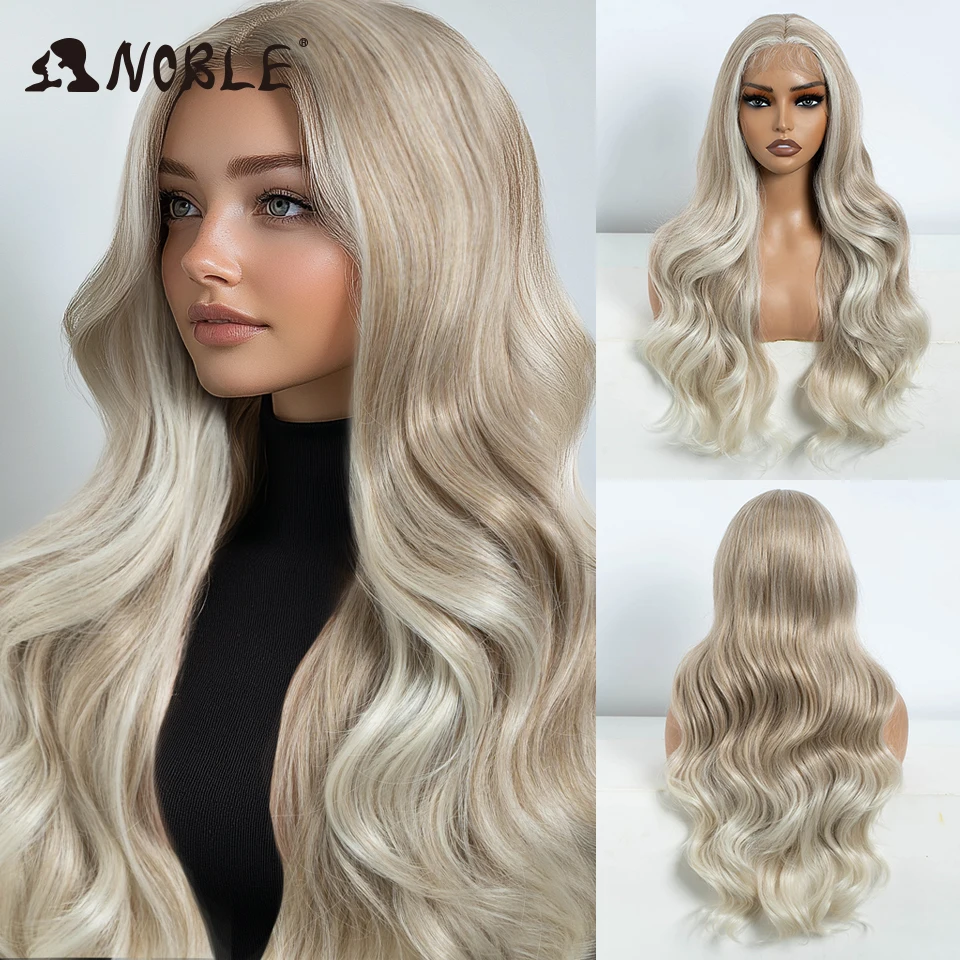 

Noble Synthetic Lace Front Wig Long Wavy Wig 26 Inch Lace Part Body Wavy Lace Wig For Women White Wig Ombre Blonde Cosplay Wig