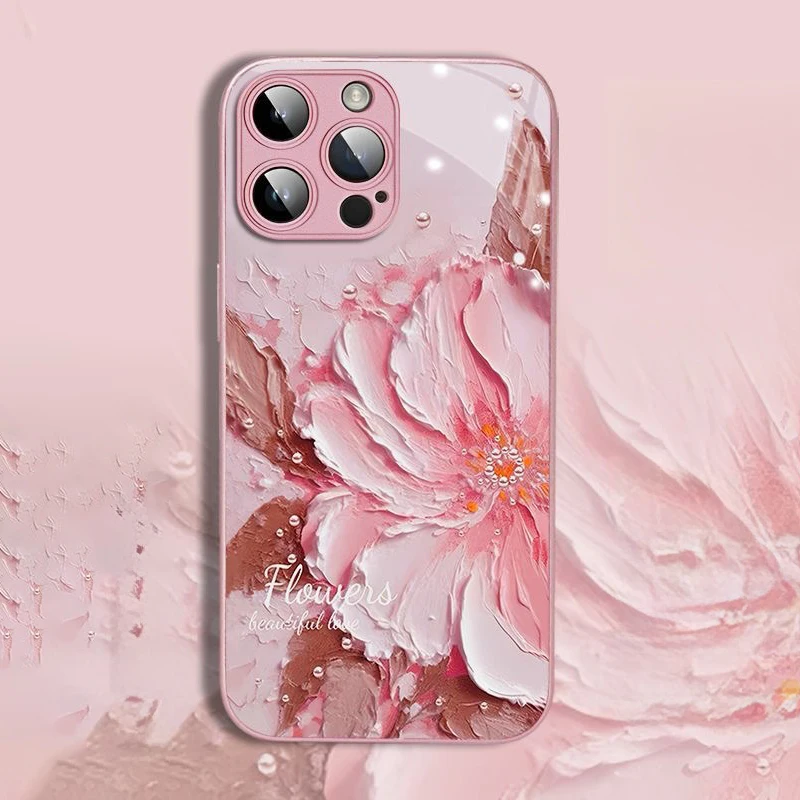 For iPhone 15 Oil Painting Peony Flower Phone Case For iPhone 14 13 12 11Pro Max XS XR Anti-fall Metal Painted Glass Shell Funda