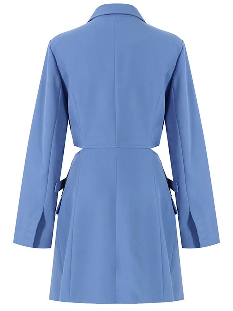 EAM-Robe Blazer Ajourée Croisée Bleue à Revers et Manches sulfpour Femme, Nouvelle Collection Printemps Automne 2024, 1DE3323