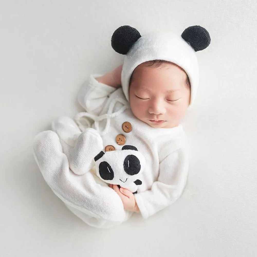 

Newborn Photography Clothing Panda Doll Hat Conjoined Clothes Three Piece Set Baby Confinement Photo Studio Photograph Props