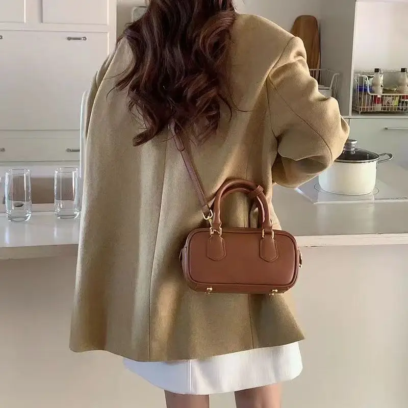 

Korean Small Cowhide Brown Handbag Single Shoulder Crossbody Bag Bowling Large Female Casual Fashion Ladies Handbags Sale New