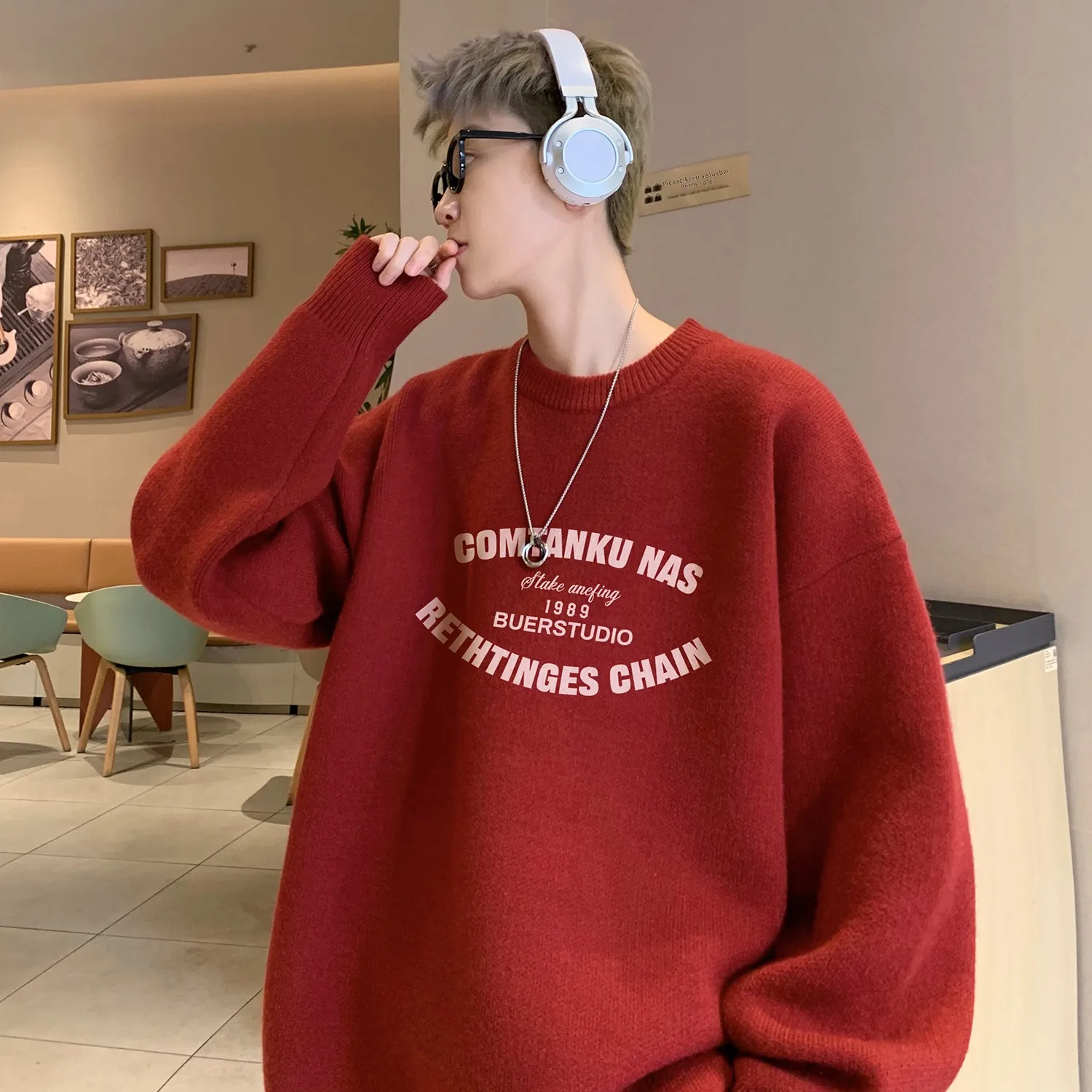 

Мужской вязаный джемпер свободного кроя цвета винного красного, весна-осень, повседневный, в американском стиле, базовый слой, удобный, для уличной моды