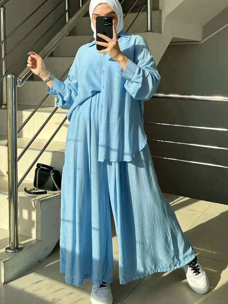 Autumn Muslim Mid East Women Pants Set Long Sleeve Shirt Collar Button Cardigan Elastic Waist Wide Leg Pants Female 2-Piece Sets