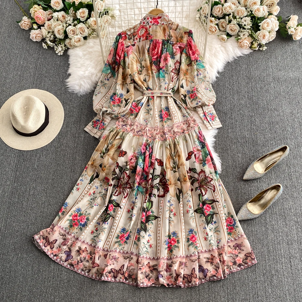 TWOTWINSTYLE Floral Printing Dress For Women Stand Collar Lantern Sleeve High Waist Patchwork Lace Up Dresses Female KDR517937