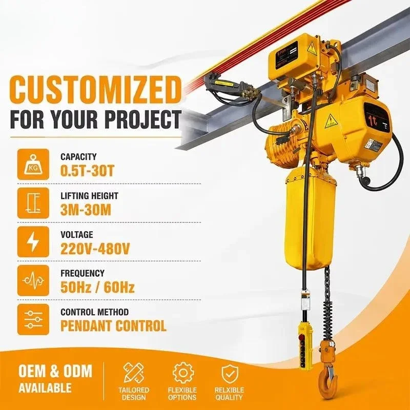 Heavy Duty Electric Chain Hoist, 1-20Ton Electric Chain Block, Optional Hand Push Trolley & Motorized Trolley Industrial Lifting