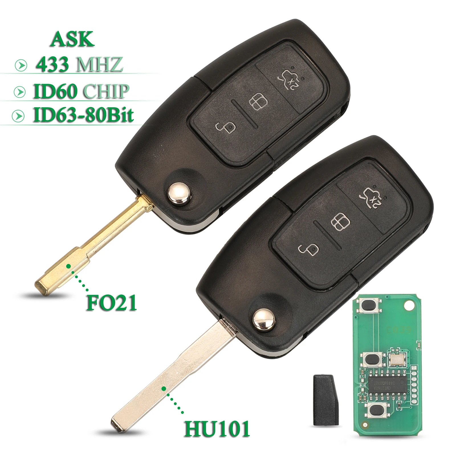 

Брелок-ключ Jingyuqin с 3 кнопками, чипом ASK 433 МГц 4D63 4D60 для Ford B-Max CB2 C-Max CAP, с лезвием HU101/FO21, бесключевой доступ