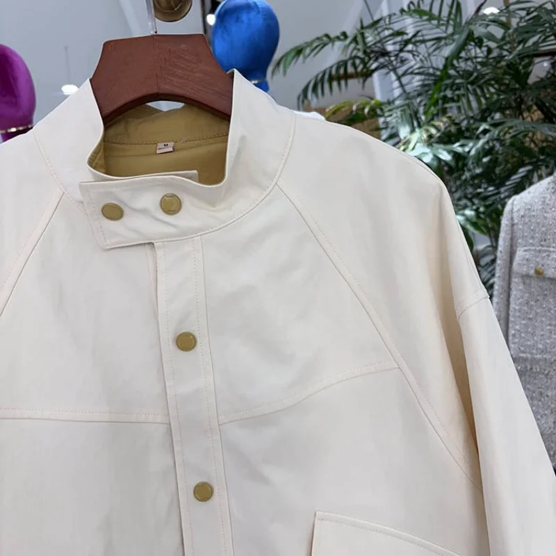 

Retro Korean Sle Casual Color Blo Stand Collar Jaet Women's Faion Spring Autumn Loose ort Top Versatile Outerwear