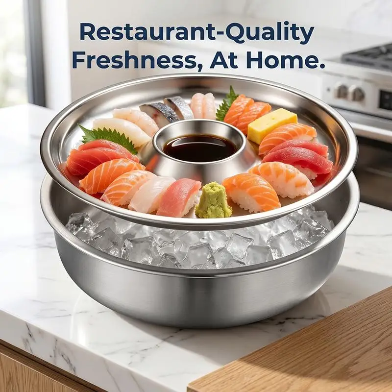 Stainless Steel Sashimi Ice Plate Round with Dipping Dish Odorless Seafood Sushi Serving Tray for Home Weekend Dinner Parties view 5