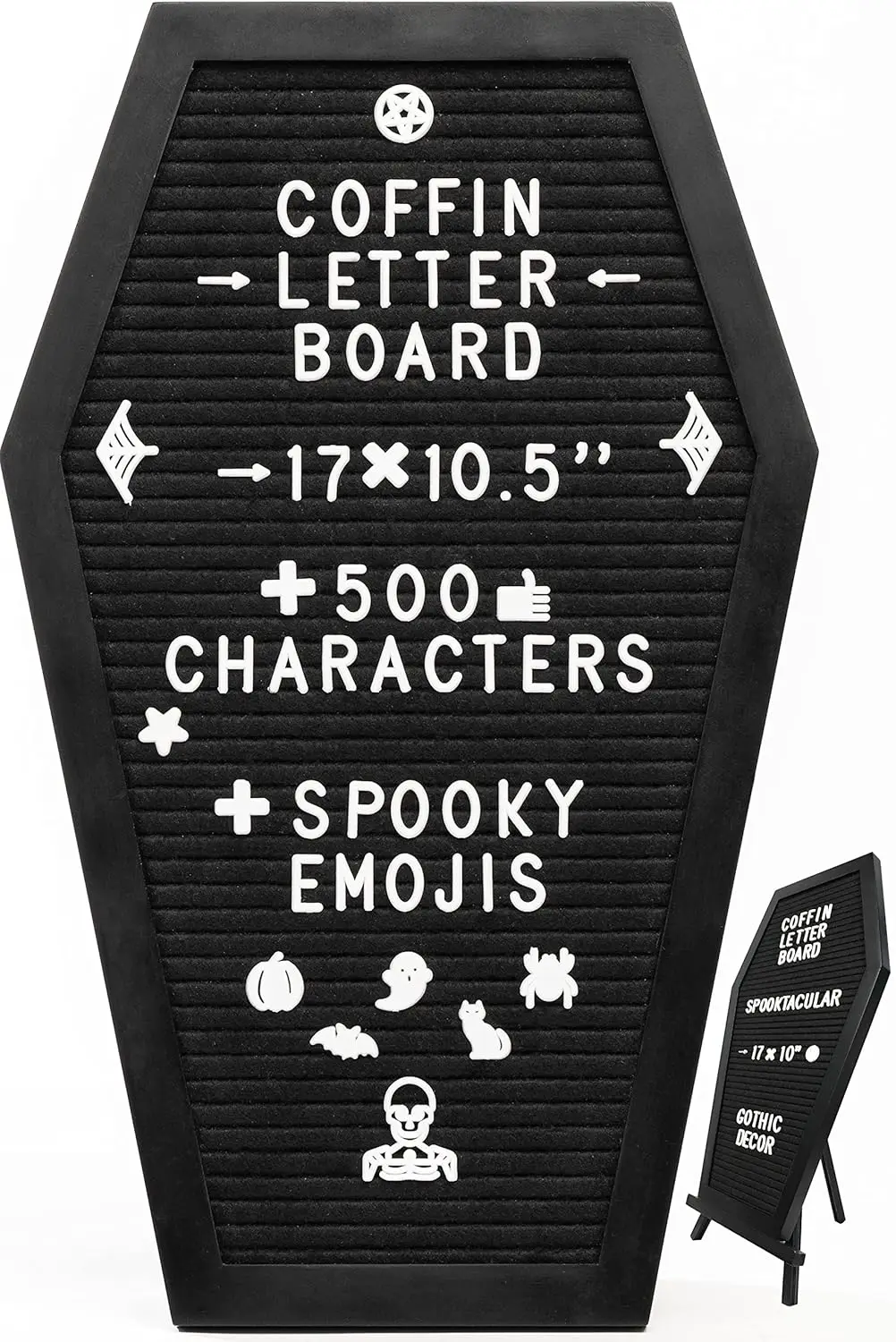 

Coffin Letter Board Black With Spooky and All Seasons Emojis +500 Characters, and Wooden Stand - 17x10.5 Inches