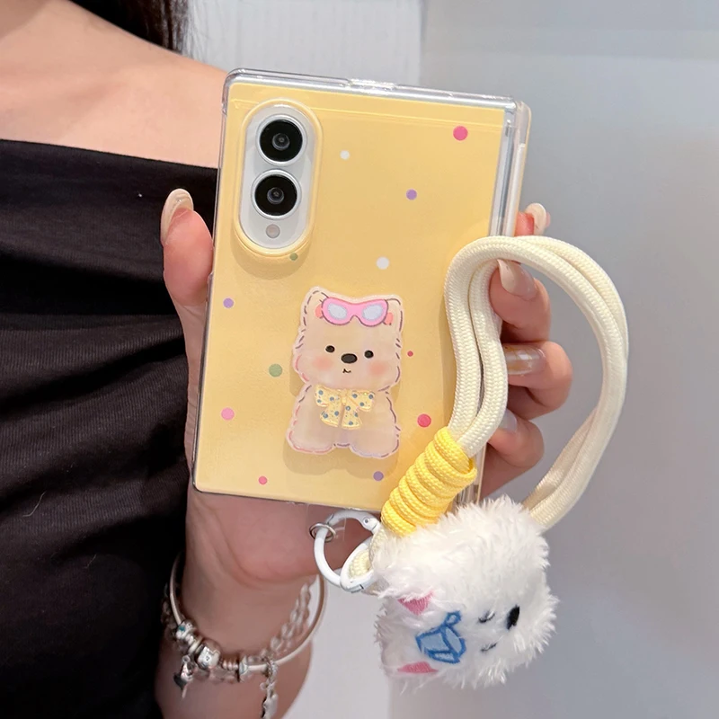 Korean Polka Dot Cute Puppy Phone Case For Samsung Galaxy Z Fold 8 Fold8 Cover with Hand Rope Kawaii Cases For ZFold8 Hard Funda