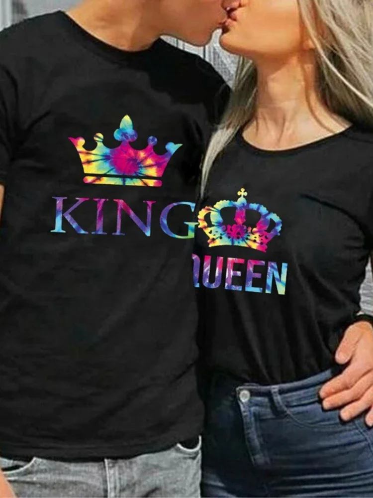 Colorful KING QUEEN Crown Print Couple T Shirt Lovers Short Sleeve O Neck Loose Tshirt Women Man Fashion Tee Shirt Tops Clothes