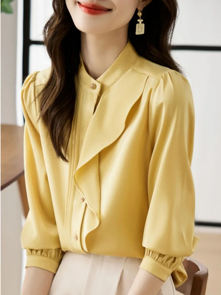 #3222 Yellow Office Shirts Stand Collar Split Joint Ruffles Chiffon Blouse Femme Long Sleeve Elegant Single Breasted Shirt Women