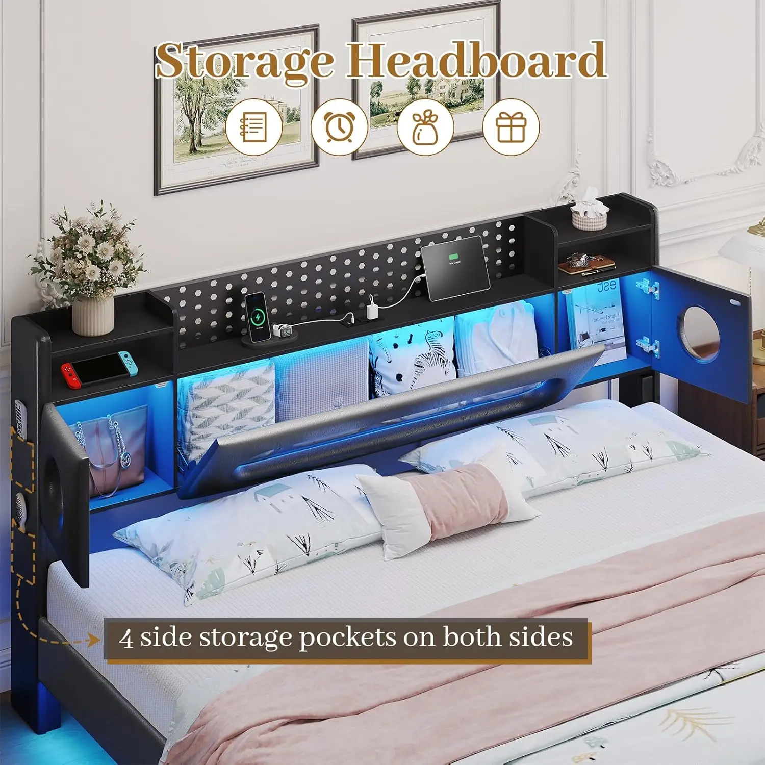 King Floating Bed Frame Storage Headboard LED Light Charging Station Bookcase No Box Spring Noise-Free Black, Customized view 3