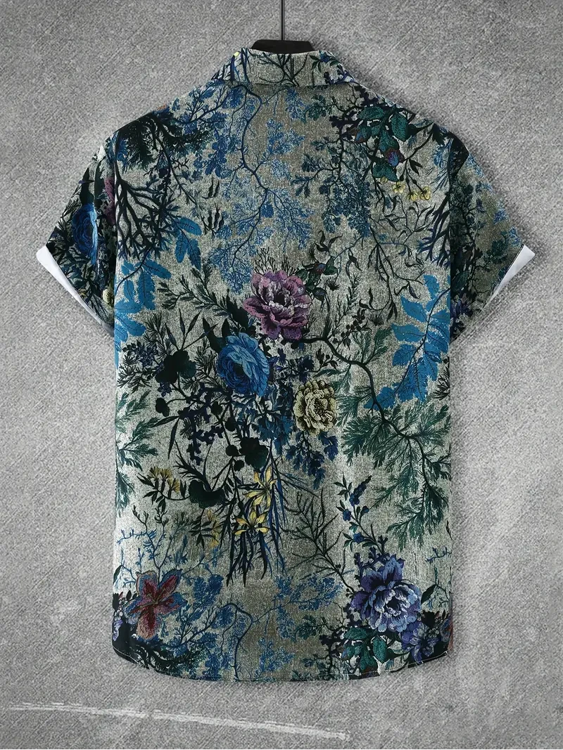 Men's Novelty Floral Print Summer Casual Short Sleeve Button Down Shirt Fashion Botanical Design Seaside Vacation Shirt Clothing