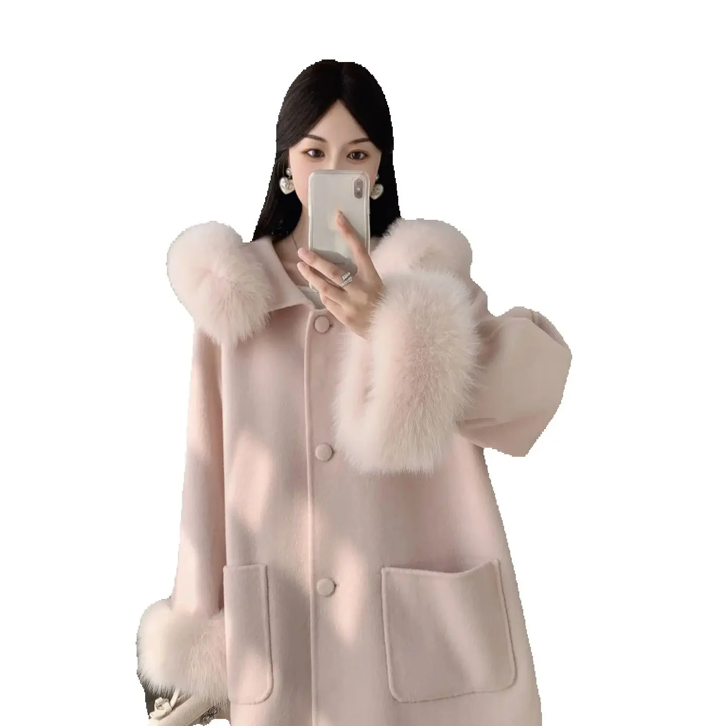 Double-sided New Love God letterhead  collar  woolen coat for autumn and winter, winter wool coat, medium length for petit