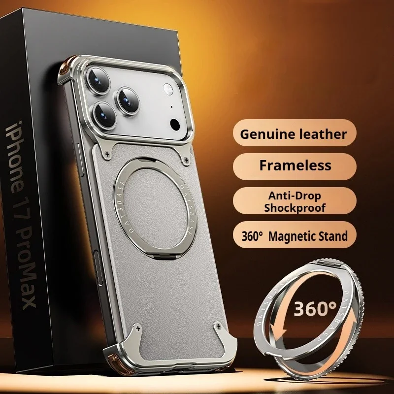 

for iPhone 17 Pro Max Air Phone Case Genuine Leather for Magsafe Frameless Shell 360°Rotate Magnetic Stand Anti-Drop Cover
