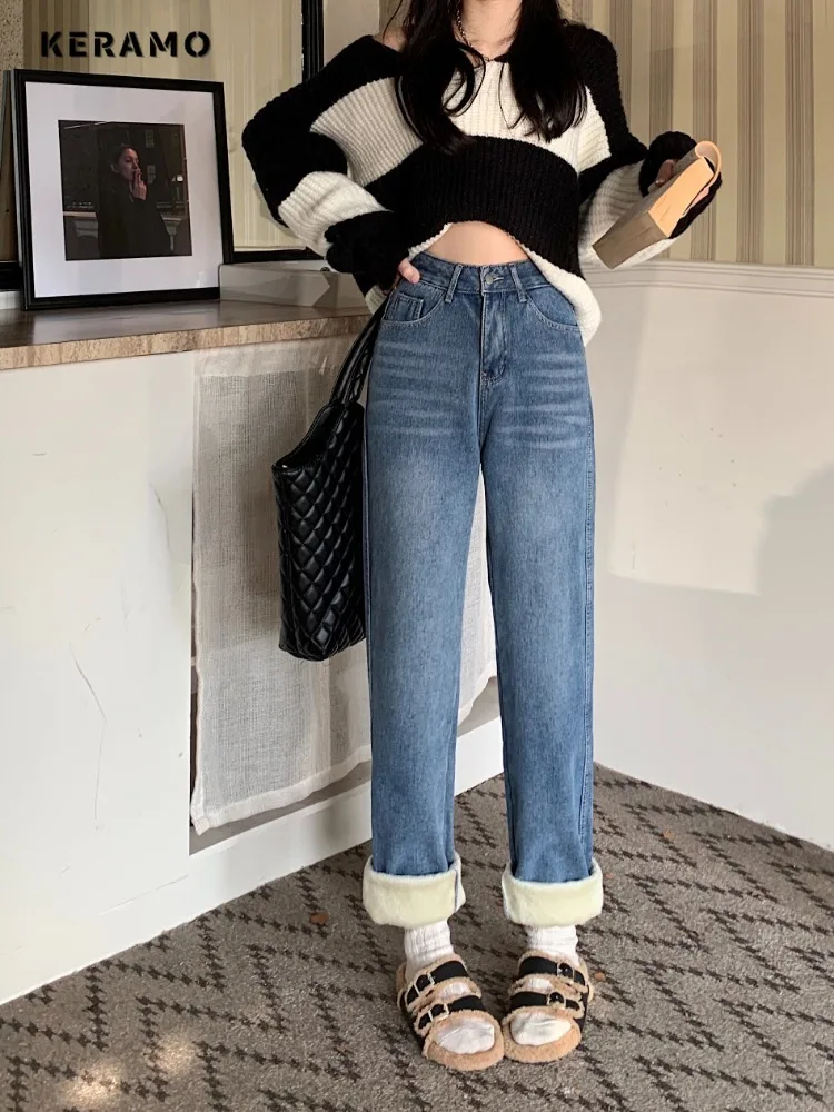 

Women's Y2K Vintage Fashion Warm Denim Trouser 2025 Winter Street Retro High Waist Thicken Jeans Casual Straight Blue Pants