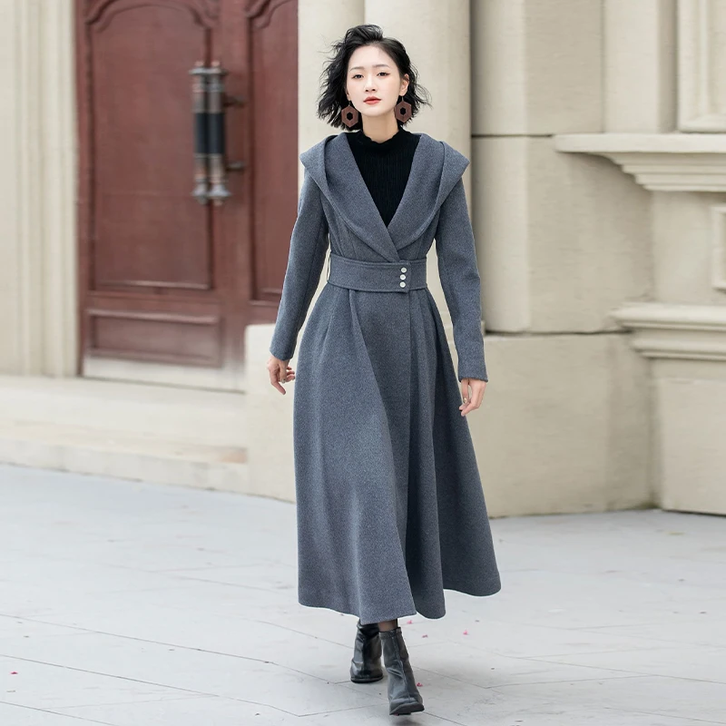 Grey Women's Winter Long Hooded Wool Coat Slim Fit Flattering Fashion Swing Wool Overcoat Jacket