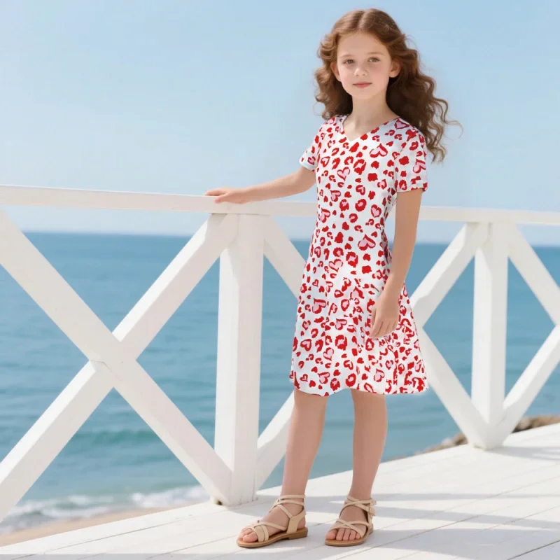 Girls Heart Leopard Print Dress Casual Short Sleeve Midi Summer Outfit Kids Party Princess Clothes 2026 New Style 4