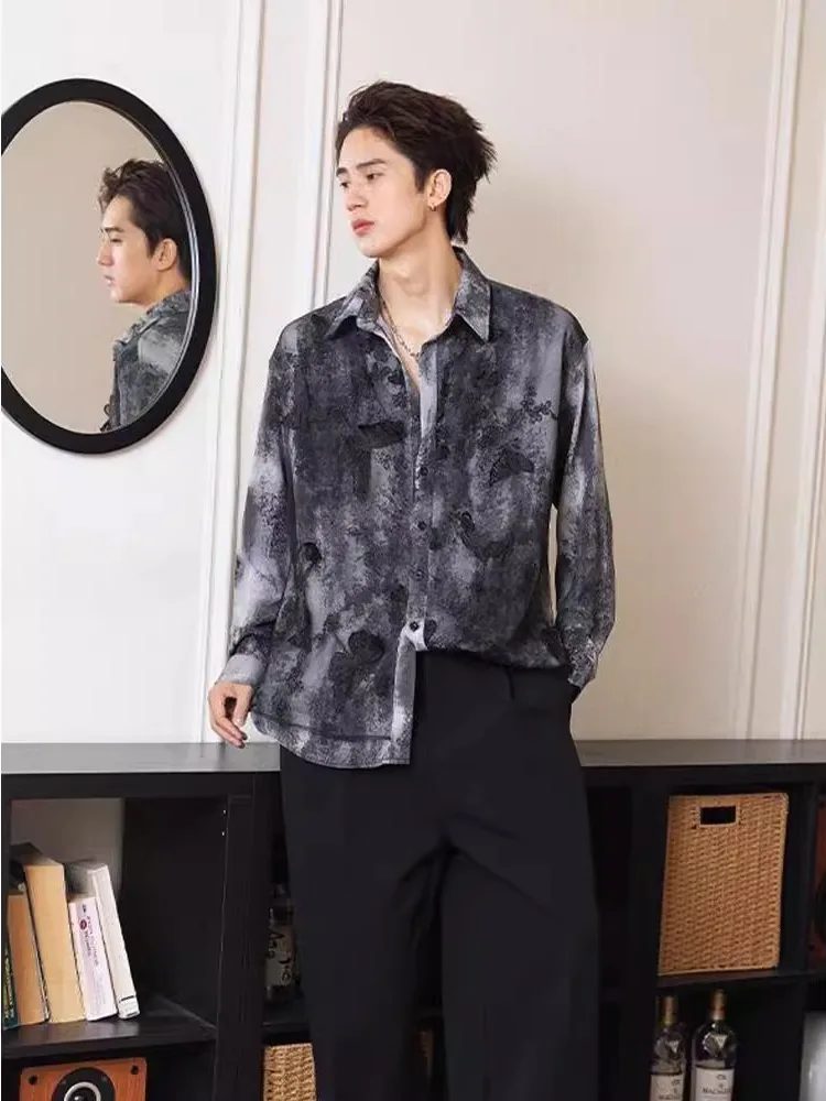 

Мужская летняя рубашка с вышивкой, двойным слоем и длинными рукавами, модная, с эффектом тай-дай и цветочным принтом, повседневная верхняя одежда