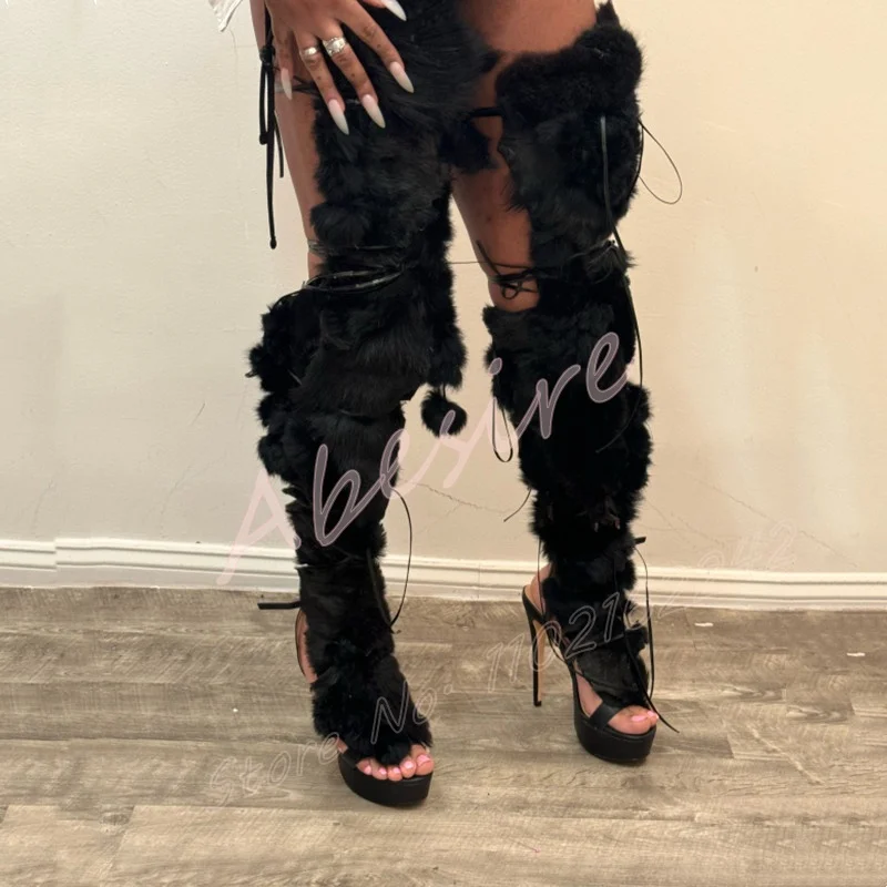 أسود فو الفراء الدانتيل يصل أحذية منصة طويلة جولة تو خنجر عبر حزام الصنادل المرأة مثير ملهى ليلي حفلة فروي عالية الكعب #3