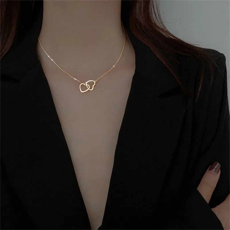 Double Heart Pendant Necklace for Women Trendy Gold Plated Link Chain Choker Necklace Jewelry Girl Gift Dialy Accessory