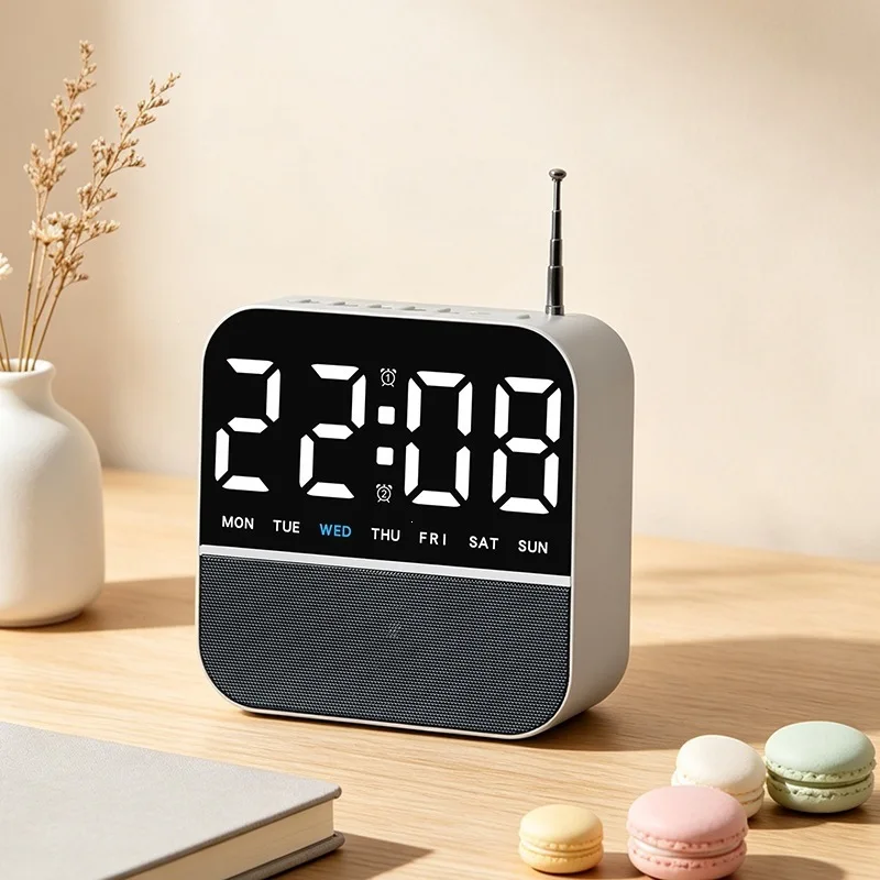 FM Radio Digital Alarm Clock Date Week 3-level Brightness  Dual Alarm 15-level Volume 12/24H Snooze LED Table Clock for Bedroom