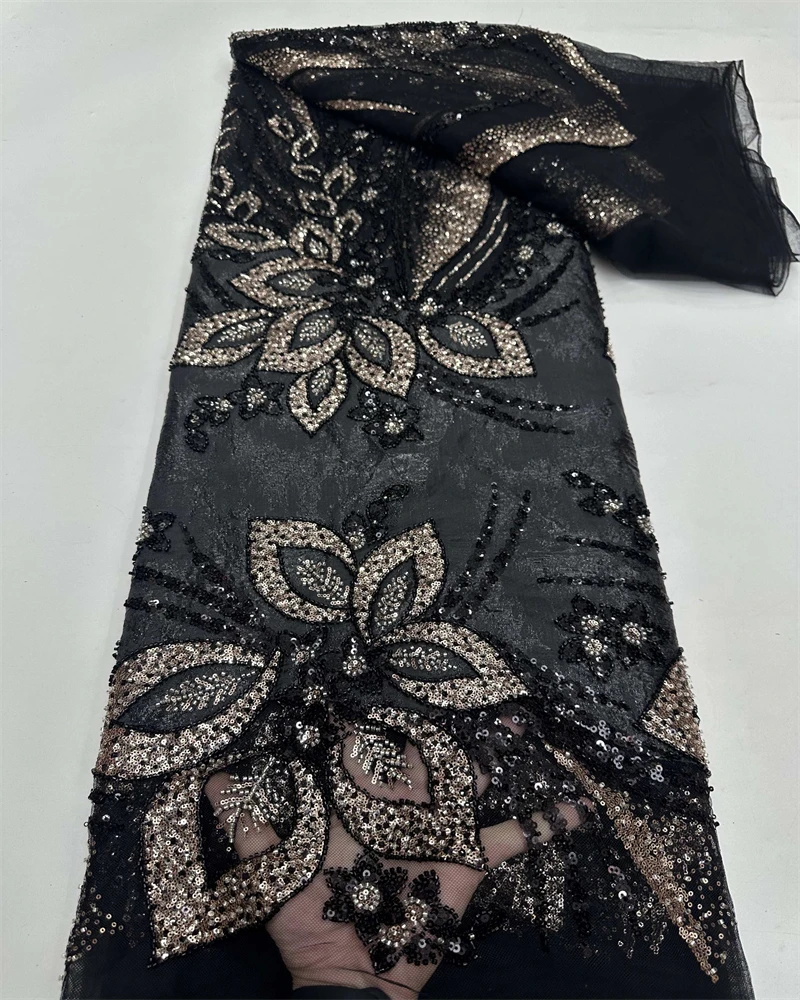 

High Quality AfricanHandmade Beaded Lace Fabirc Sewing sequins Embroidery Nigreian Lace Fabric Women Wedding Dress