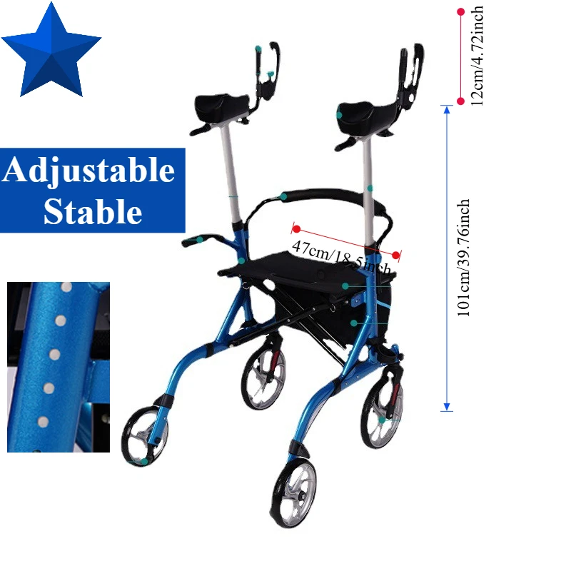 Aluminum Alloy Elderly Shopping Cart Walker Four Wheels with Handbrake Armrest Adjustable Height Hand Push Supermarket