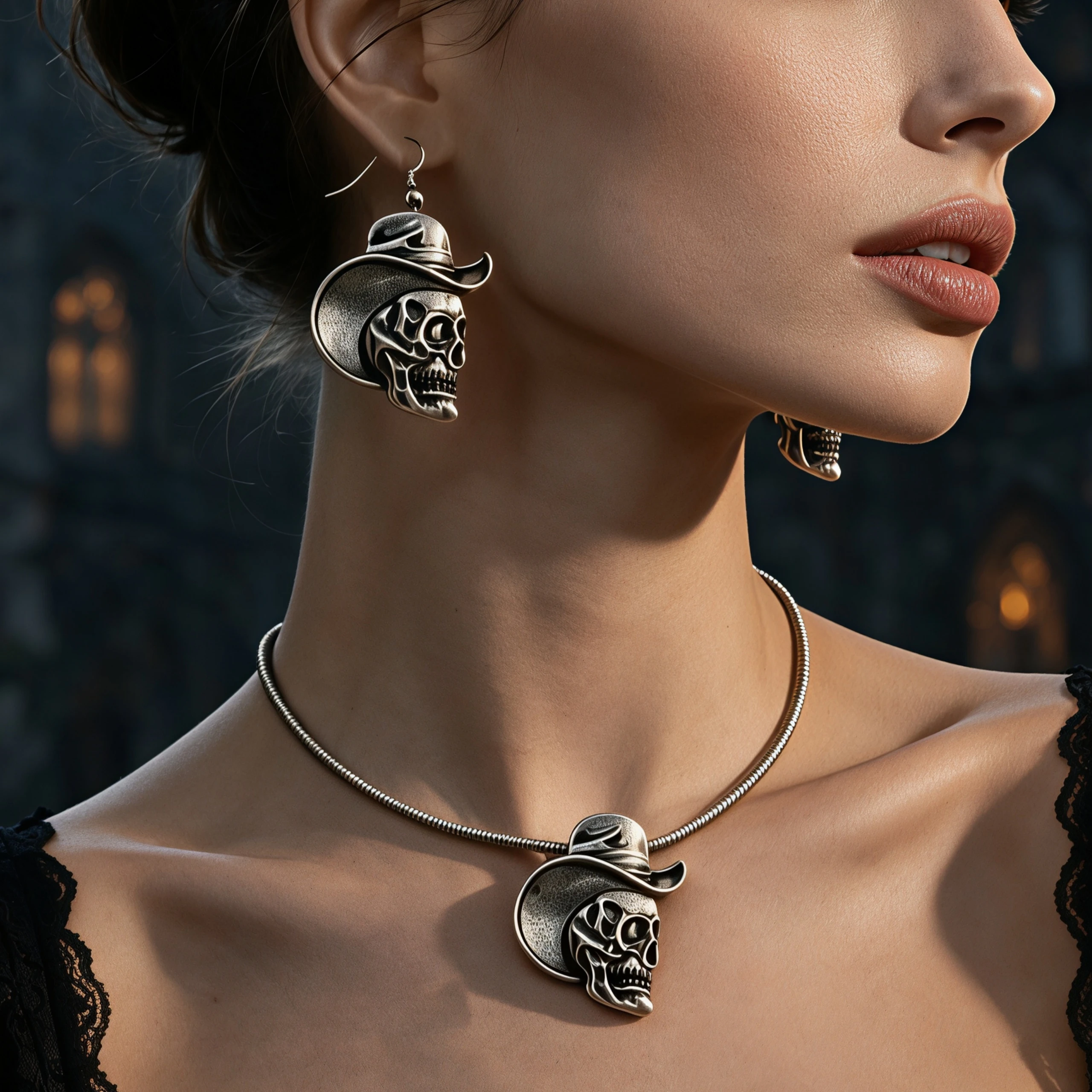 Ladies Fashion Jewelry Set Vintage Faux Leather Skull Pendant Snake Bone Chain Necklace Earrings Two-Piece Set