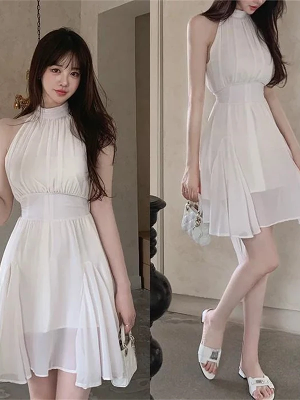 High Waist Sari Neckline Summer New Sexy Pure Desire High Level Sleeveless Chiffon Dress Women's Fashion Korean Style Dress
