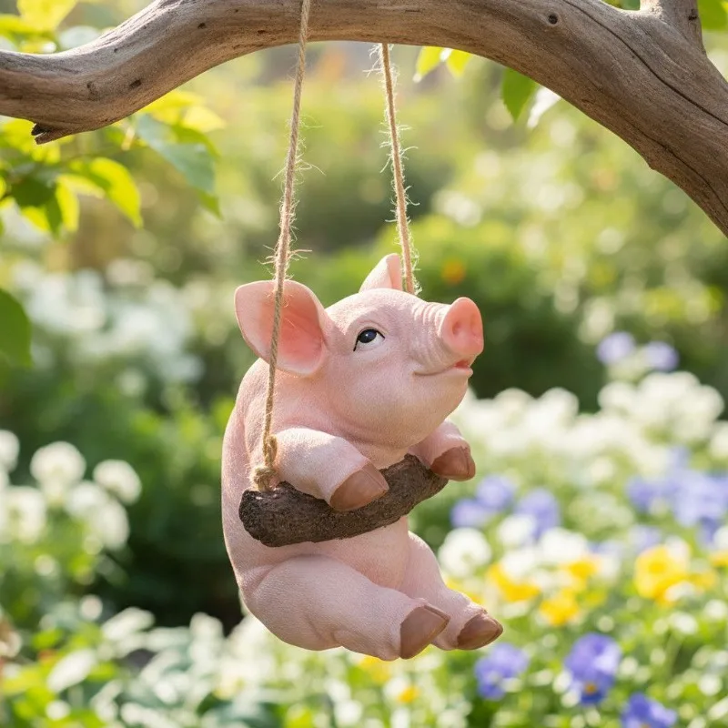 Resin Pig Hanging Ornament Cute Simulated Animal Sculpture Outdoor Garden Yard Decor Craft