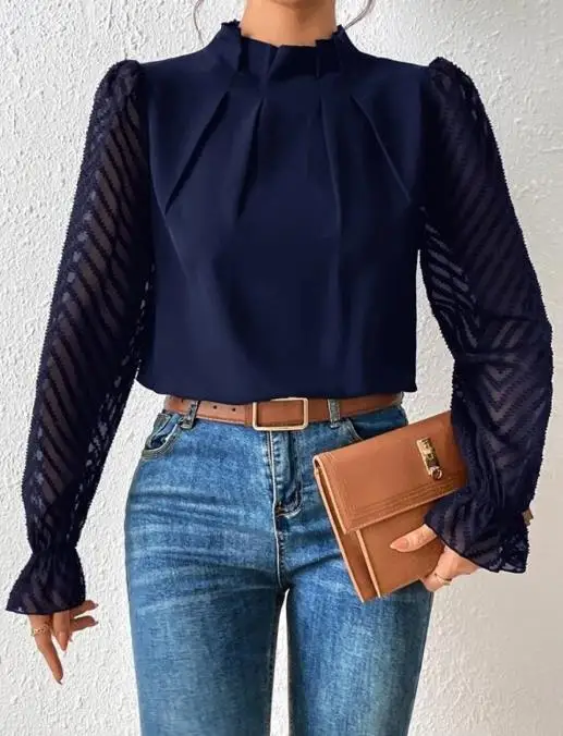 مزاجه الخريف أنيقة مطوي تصميم منظور شبكة كم الربط الشيفون قميص المرأة التنقل قميص شيفون #1