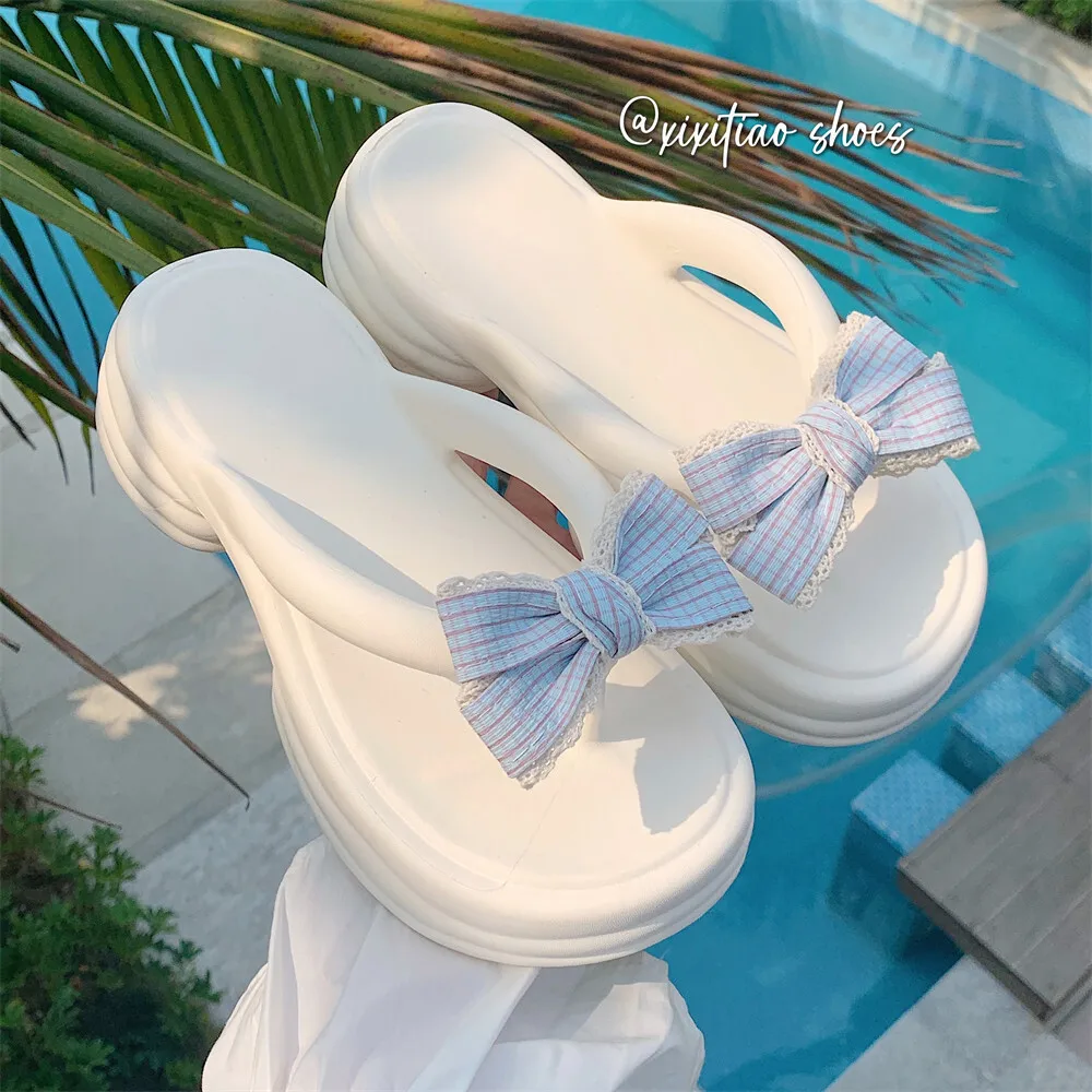 Home Slippers Summer Girls' Height Increasing Thick Soled Sweet Butterfly Bow Beach Flip Flops Indoor Household Slippers