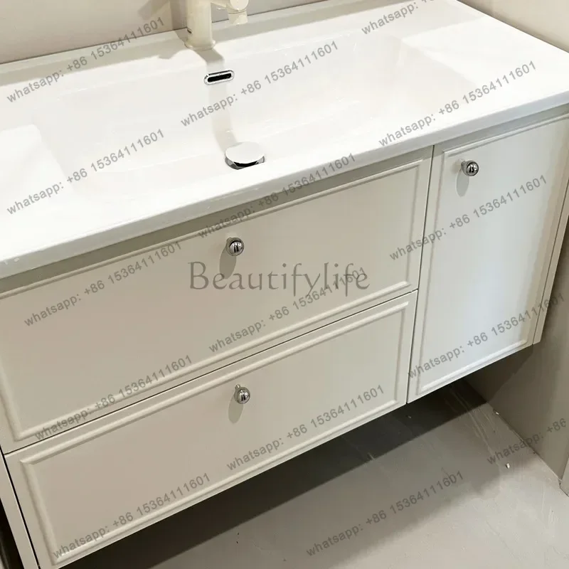 LJY French Retro Solid Oak Bathroom Cabinet with Ceramic Integrated Basin Cream Style Vanity Unit Wall Mounted Toilet Wash Basin