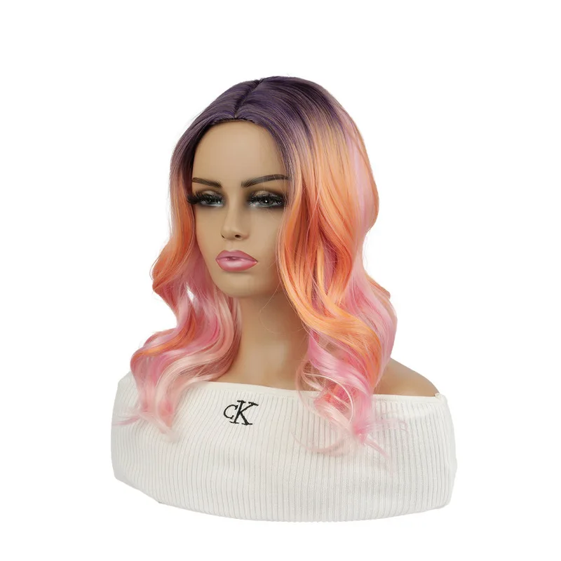 European and American orange-pink gradient purple middle-parted long curly hair wig for women, synthetic fiber, cosplay, Hallowe