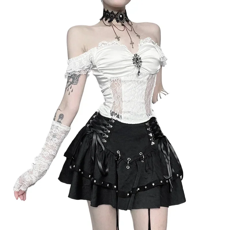 IMU Sexy Gothic Black Lace-up Metal Rivet Mini Skirts Y2K Vintage A-Line Short Skirts Women Fashion Autumn Streetwear Halloween