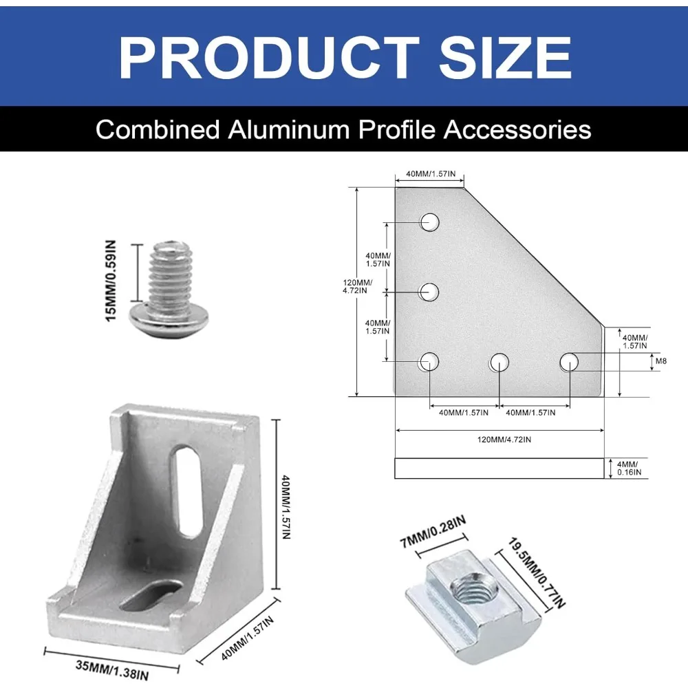 Aluminum 40x40mm Extrusion Corner Bracket Set with L-Plate, Corner Angle, and Sliding Hook Accessories