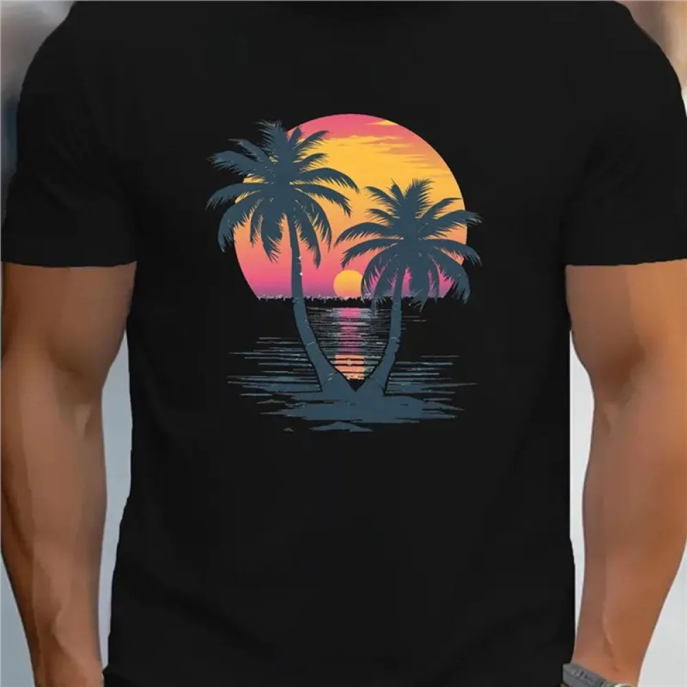 Casual Mens Cotton Tee Shirt Tropical Sunset Graphic Print Summer Loose Crew Neck Tops Breathable Short Sleeve Apparel