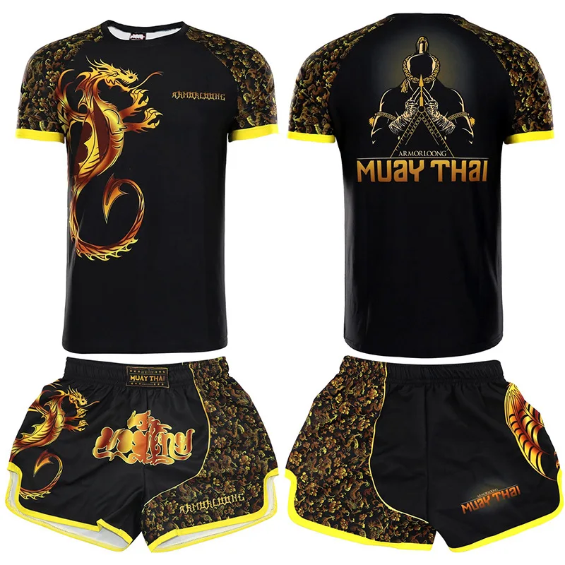 Muay Thai t-shirt a maniche corte tuta da boxe sport completo da allenamento da combattimento pantaloncini MMA tuta da drago dorato per bambini