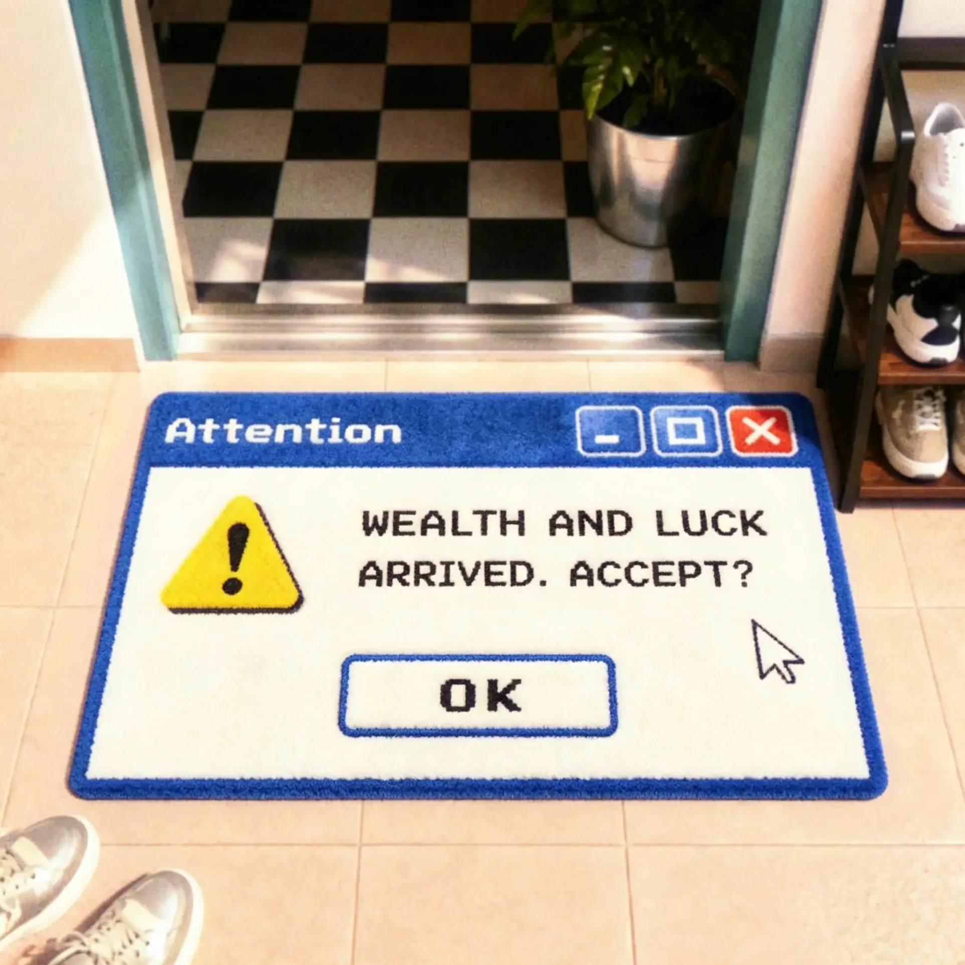Y2K Warning Window Floor Mat Wealth And Luck Arrived Accept OK Button Print Rug Retro Computer Dialog Door Mat Home Entrance Dec